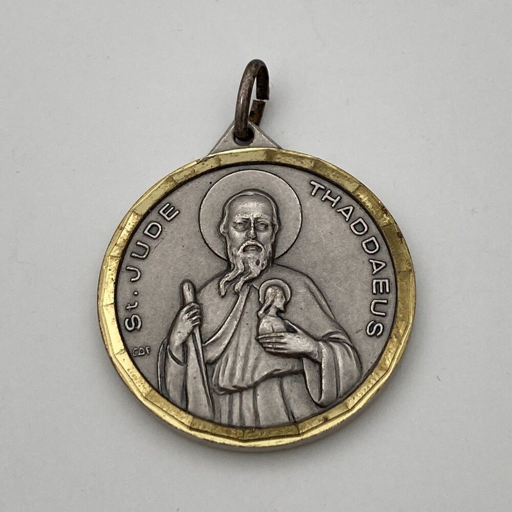 Vtg Saint Jude Medal Thaddaeus Holy Trinity Two Tone Pendant Pewter Gold Tone